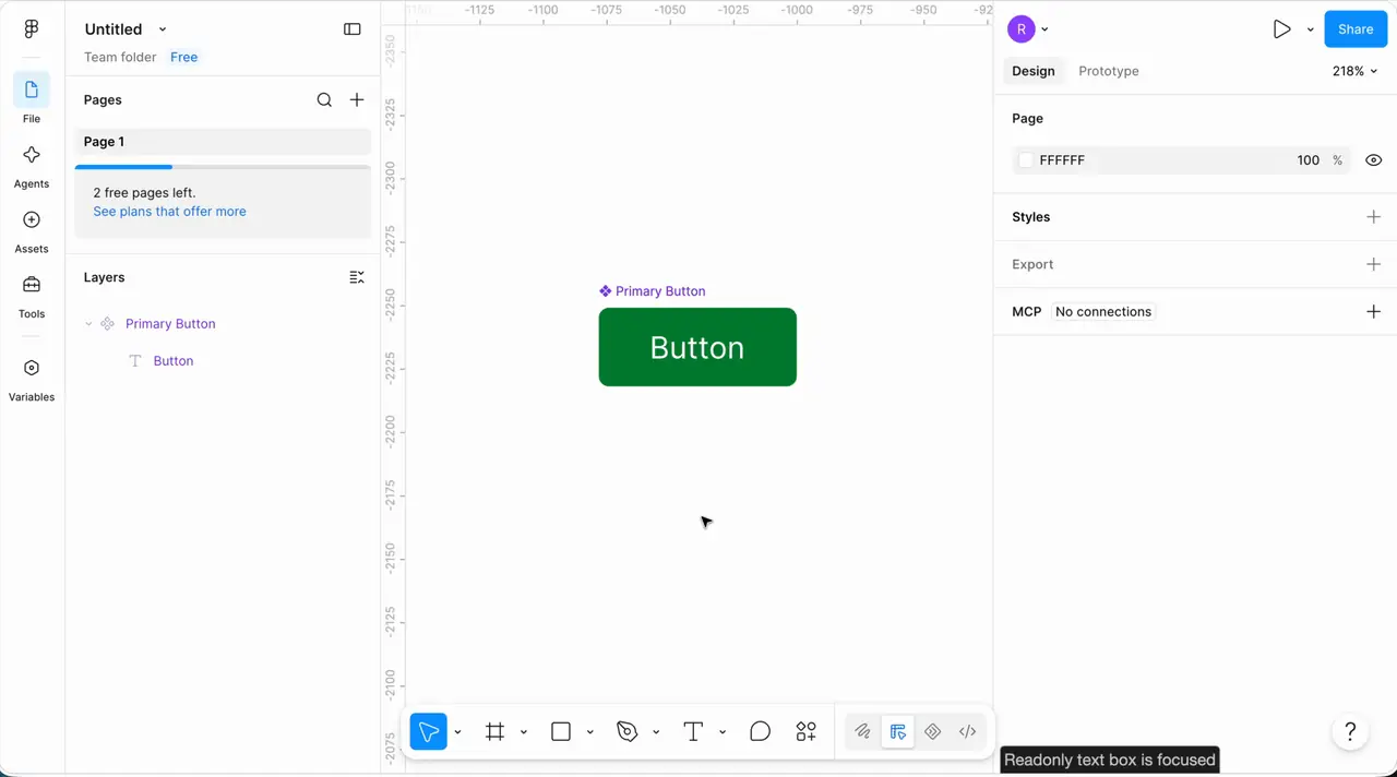 Editing a button instance's label from Get started to Create an account while the button resizes to fit