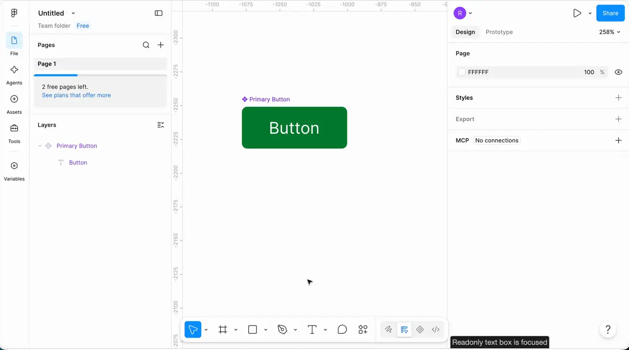 Creating a variant of the button component, showing the new variant in the right panel